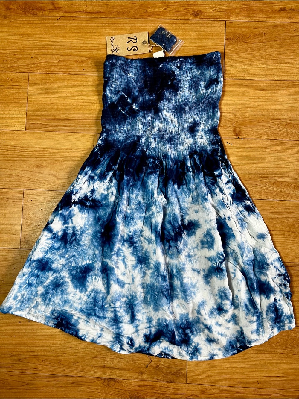 NWT Riviera Sun S Blue Tie Dye 100% Rayon Smocked Midi Convertible Dress